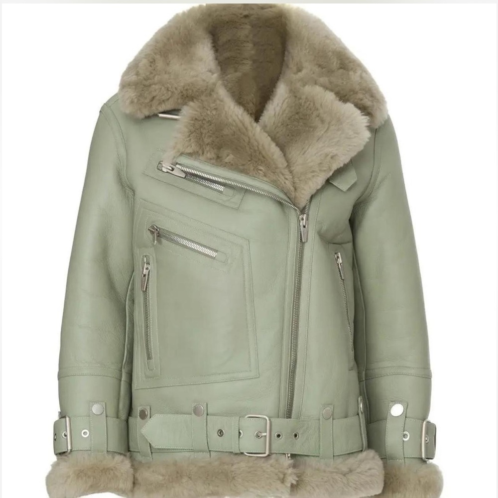 The Arrivals Green Leather Moya Jacket with a Fur Collar. Retail $1,400+.